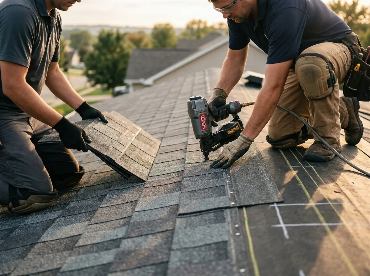 Professional roofer working on a residential roof in Sandusky